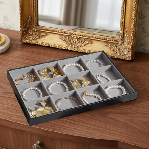 Large Jewelry Organizer Tray, Stackable Jewelry Storage Holder PU Leather Velvet Jewellery Display Case for Stud Earring Bracelet Necklace Ring (Black Gray, 12 Grids) - color: Black Gray