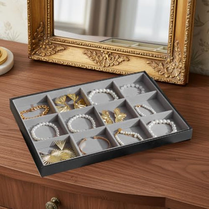 Large Jewelry Organizer Tray, Stackable Jewelry Storage Holder PU Leather Velvet Jewellery Display Case for Stud Earring Bracelet Necklace Ring (Black Gray, 12 Grids) - color: Black Gray