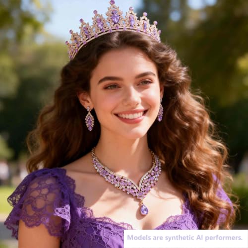 Kamirola Bridal Wedding Tiara Crown Jewelry Set for Women/Brides/Bridesmaids Crystal Jewelry Set for Wedding Prom Party Bridal Crystal Necklace Earrings Bracelet Set(TR60) - color: Gold Purple