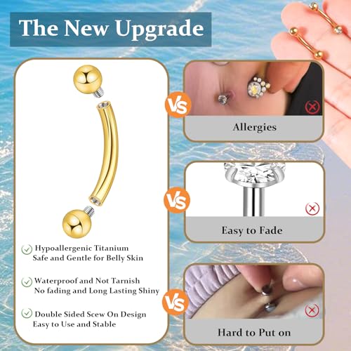 3-12 Pcs 14G Belly Button Rings Belly Rings for Women CZ Opal Navel Rings Belly Piercings Jewelry Belly Barbells Stainless Steel Body Belly Button Piercing Jewelry - color: Gold 3pcs 10mm