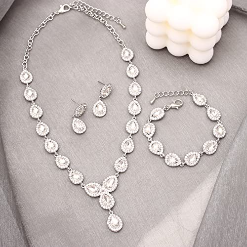 Austrian Crystal Rhinestone Necklace Dangle Earrings Link Bracelet Jewelry Set for Brides Bridesmaid Prom Costume Accessories for Women - color: White-Platinum Plated