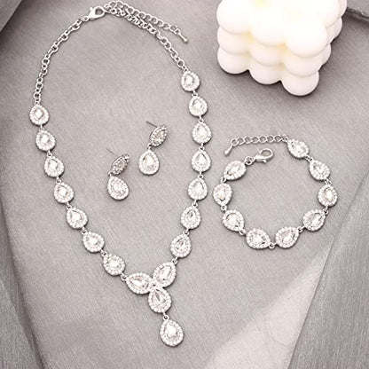 Austrian Crystal Rhinestone Necklace Dangle Earrings Link Bracelet Jewelry Set for Brides Bridesmaid Prom Costume Accessories for Women - color: White-Platinum Plated