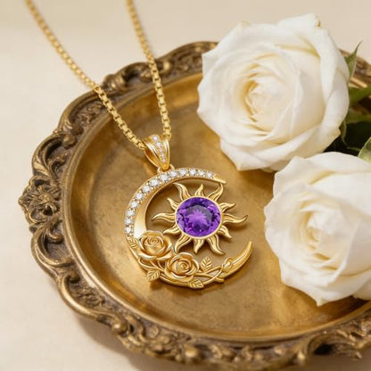 Midari 18K Yellow Gold Sun Moon Star Pendant Rose Flower Necklaces I Love You Forever Sun Moon Jewelry Gift for Mother Women - color: 02-Feb-Amethyst, style: Sun&Moon