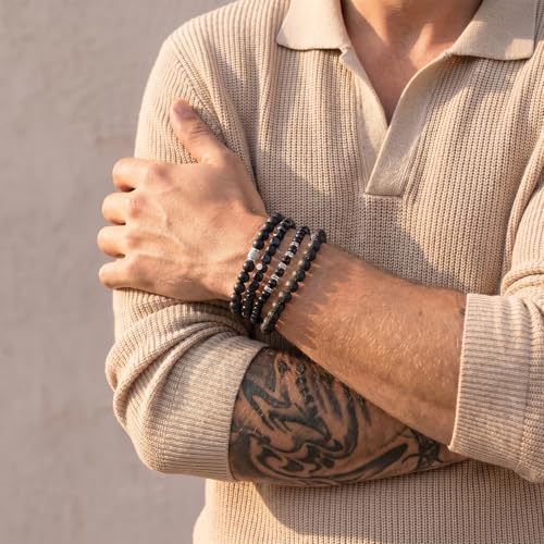 Flybar Men's 4 Piece Beaded Bracelet Set, Natural Lava Stone Black Onyx Matte Agate Tiger Eye, Stretchable Elastic Handmade Stackable - color: MK03 Rock Obsidian Wood