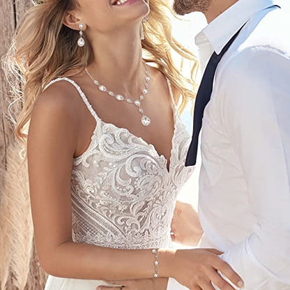 EleQueen Women's Wedding Bridal Jewelry Sets for Brides Bridesmaids, Cubic Zirconia Teardrop Necklace Tennis Bracelet Dangle Earrings Jewellery Set - color: 07-Clear Silver-Tone