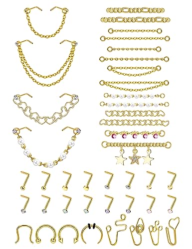 Stainless Steel Nose Rings Chain Horseshoe Nose Ring Body Piercing Jewelry | African Star Heart Studs Horseshoe Nose Cuff Septum Chain Body Piercing Jewelry Set for Women Men, Silver - color: 14K Gold Plated