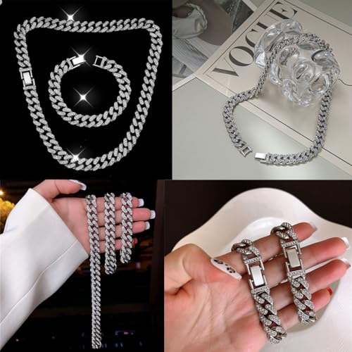 8 PcsCuban Link Chain jewelry sets for Woman with Rhinestone Necklace Bracelet Earrings Bling Diamond chunky Chain Jewelry - color: Silver B, size: 22inch