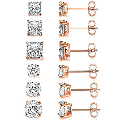 18K Gold Plated Round Princess Cut Clear Cubic Zirconia Stud Earring of 6 Pairs - color: Crose gold plated