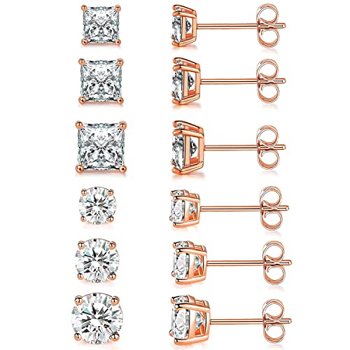 18K Gold Plated Round Princess Cut Clear Cubic Zirconia Stud Earring of 6 Pairs - color: Crose gold plated