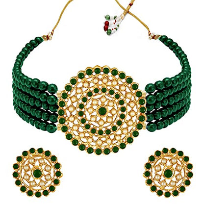 Aheli Pearl Diamond Choker Necklace & Round Earrings Gift for Women Indian Traditional Bollywood Fashion Bharatanatyam jewellery set - color: Green 1