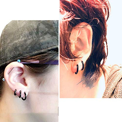 Stainless Steel Hoop Earrings for Men - Hinged Hoop Huggie Piercing Earrings Set For Men Women, Hypoallergenic Lobes Small Round Earrings - color: Black(Inner Diameter 8mm/10mm/12mm