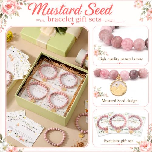 12 Set Religious Gift for Her God Is Within Her She Will Not Fall Mustard Seed Natural Stone Beads Bracelet with Cards Bible Verse Bracelet Gift for Women Sister