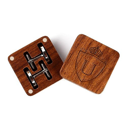 Mens Initial Silver Cufflinks A-Z Alphabet Letter Steel Cuff Links with Engraved Walnut Wood Box Groom Groomsman Wedding Set… - style: U
