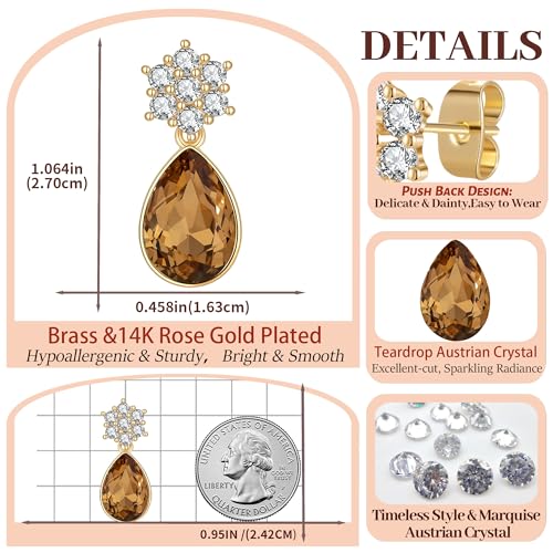 Elegant Austrian Crystal Teardrop Dangle Earrings for Women,14K Gold Plated Flower Drop Earrings Jewelry Gift for Birthday Wedding Anniversary - color: Light Topaz