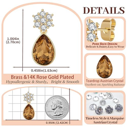 Elegant Austrian Crystal Teardrop Dangle Earrings for Women,14K Gold Plated Flower Drop Earrings Jewelry Gift for Birthday Wedding Anniversary - color: Light Topaz