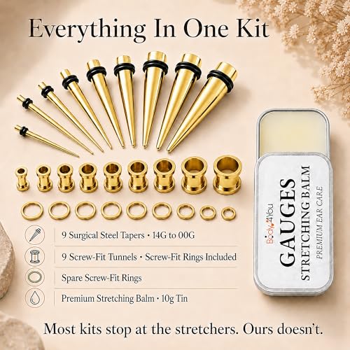 BodyJ4You 37PC Ear Gauge Stretching Kit 14G-00G - Aftercare Balm Tapers | Gauges for Ears Dead Stretching Lobe - Surgical Stainless Steel Single Flare Plugs - Flesh Tunnels O-Rings Expander Men Women - color: Goldtone, Screw Fit