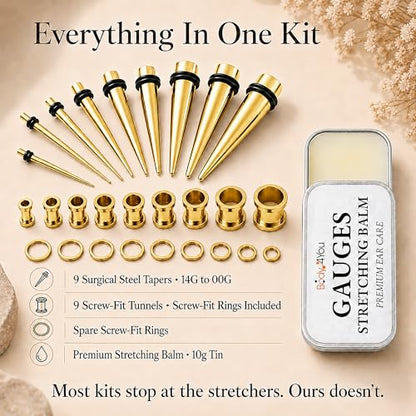 BodyJ4You 37PC Ear Gauge Stretching Kit 14G-00G - Aftercare Balm Tapers | Gauges for Ears Dead Stretching Lobe - Surgical Stainless Steel Single Flare Plugs - Flesh Tunnels O-Rings Expander Men Women - color: Goldtone, Screw Fit