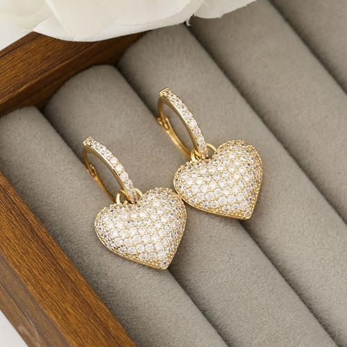 Dainty Full Cubic Zirconia Heart Dangle Small Hoop Earrings for Women Ladies Trendy Sweet Crystal Bling CZ Love Charm Drop Huggie Earring for Her Birthday Valentines Mother's Day Fine Jewelry Gifts - color: Gold-tone