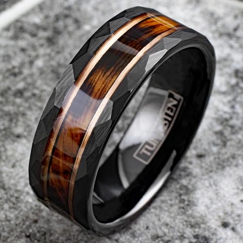 Gorgeous Unique 8mm Brushed Satin Finish Black Tungsten Carbide Faceted Flat Band Ring with Charred Whiskey Barrel Oak Wood Inlay between Rose Gold Stripes.