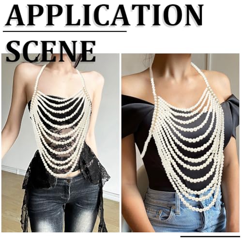 White Pearl Shoulder Chain Sexy Layered Necklace Imitation Pearls Round Beaded Boho Top Body Chains Multilayered Jewelry for Women Summer Beaches Party Decoration Wedding Accessories Gifts