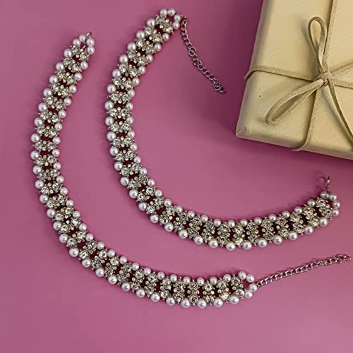 Efulgenz Indian Anklet Bracelet Bridal Crystal Faux Pearl Jhanjara Payal - color: White