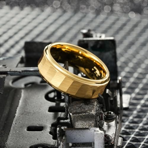 King Will Classic Tungsten Carbide Ring Brushed Two Grooved Center Hammered Design Mens Wedding Band for Men | Black/Silver/Gold, 8mm, Men's Wedding Band, Grooved, Comfort Fit, Everyday Wear - color: D-Gold Hammerd Design