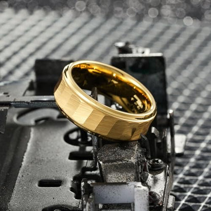 King Will Classic Tungsten Carbide Ring Brushed Two Grooved Center Hammered Design Mens Wedding Band for Men | Black/Silver/Gold, 8mm, Men's Wedding Band, Grooved, Comfort Fit, Everyday Wear - color: D-Gold Hammerd Design