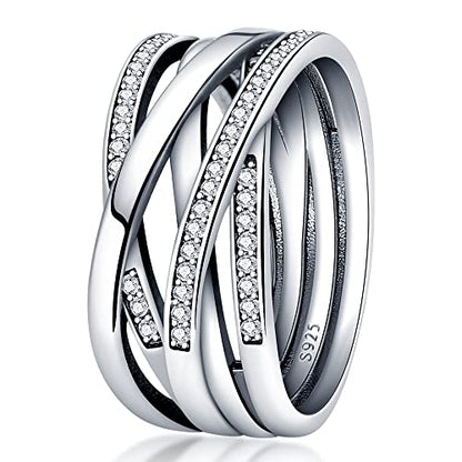 KUNSIR 925 Sterling Silver Rings Classic Cubic Zirconia Eternity Promise Statement Anniversary Wedding Bands Engagement Rings for Women Infinity Forever Love Ring Size 7-9 - style: Bright Polished Line Ring