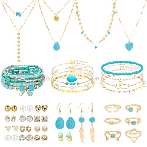 NEWITIN 88 Pieces Gold Jewelry Set for Women Fashion Bohemian Jewelry | Gold Plated Costume Jewelry, Turquoise Jewelry, Necklaces Bracelets Rings Earrings Set for Women Party Daily, Women Gifts - color: Blue