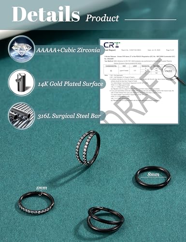 Dochais 4PCS 18G Nose Rings Hoops, Surgical Steel Earrings Tragus Septum Piercing CZ Clicker Ring, Hinged Segment Conch Lip Cartilage Double Hoops 8mm 10mm for Women Men - color: Black, size: 18G(1.0mm),8mm