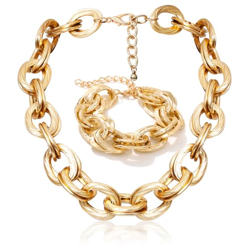 Chunky Choker Necklace Bracelet Sets Gold Cuban Link Chain Statement Jewelry Set for Women
