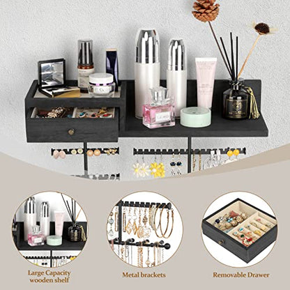 VINAEMO Jewelry Organizer Hanging Wall Mounted Jewelry Holder with Rustic Wood Drawer & Large Capacity Storage Shelf Rack Display for Earrings Rings Necklaces Bracelet(Black) - color: Black