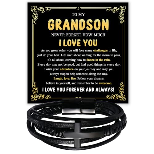 To My GrandSon Bracelet – Cross Braided Leather Bracelet, Meaningful GrandSon Gift from Grandpa & Grandma with Heartfelt Message Card & Elegant Gift Box for Birthday, Christmas, Graduation - color: Version#3