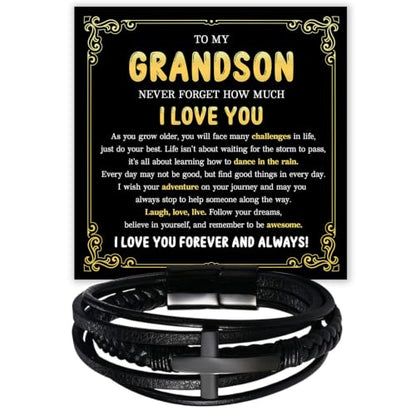To My GrandSon Bracelet – Cross Braided Leather Bracelet, Meaningful GrandSon Gift from Grandpa & Grandma with Heartfelt Message Card & Elegant Gift Box for Birthday, Christmas, Graduation - color: Version#3