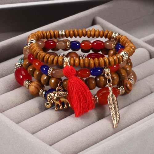 4Pcs Bohemia Multilayer Stackable Elephant Leaf Tassel Bracelets Colorful Wooden Resin Beaded Stretch Bracelets for Women Men Summer Beach Boho Vacation Hawaii Jewelry Gifts - style: StyleB