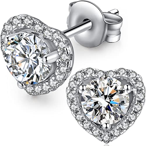 925 Sterling Silver Bezel Stud Earrings for Women Hypoallergenic Cubic Zirconia Stud Earrings for Unisex - style: 1-Heart Studs