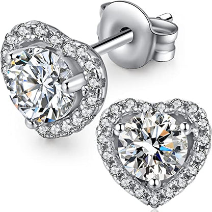 925 Sterling Silver Bezel Stud Earrings for Women Hypoallergenic Cubic Zirconia Stud Earrings for Unisex - style: 1-Heart Studs