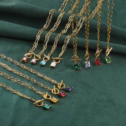 Diamond Necklaces for Women Natural Stone Paperclip Toggle Necklace 14K Gold Plated Emerald Birthstone Necklace for Women Paper Clip Chain Blue Green Cubic Zirconia Pendant Birthday Gifts for Women Mother Jewelry - color: 01. January(Garnet)