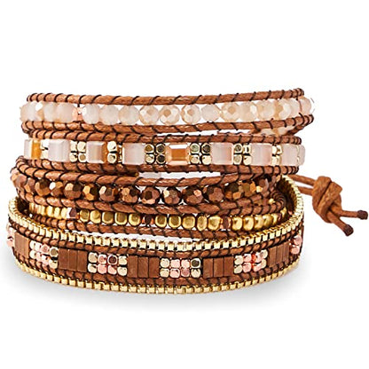 Bracelet for Women – Handmade Vegan Boho Natural Stone Layered Bracelet, Thailand Bohemian Stackable Beaded Wrap Bracelets, Summer Hippie Bracelet Stack, Fashion Jewelry Gifts - color: A6-Caramel