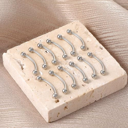 12pcs Curved Barbell Piercing Jewelry 16g Eyebrow Rook Piercing Jewelry | with 3mm Balls Stainless Steel Vertical Labret Lip Eyebrow Rings Tragus Helix Belly Lip Ring Body Piercings - color: Silver