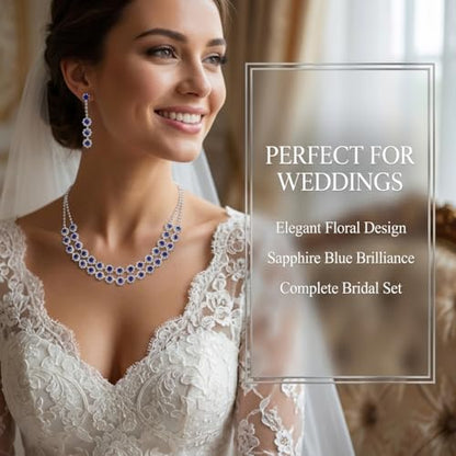 Rhinestone Bridal Wedding Jewelry Set，Crystal Necklace Earrings Bracelet Sets Formal Costume Jewelry for Women and Brides - color: BLUE