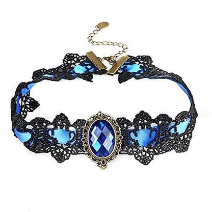 Dainty Black Lace Crystal Choker Necklace Lace Gothic Choker for Women for Halloween Weeding Costume Party Prom Vampire Choker - color: Blue