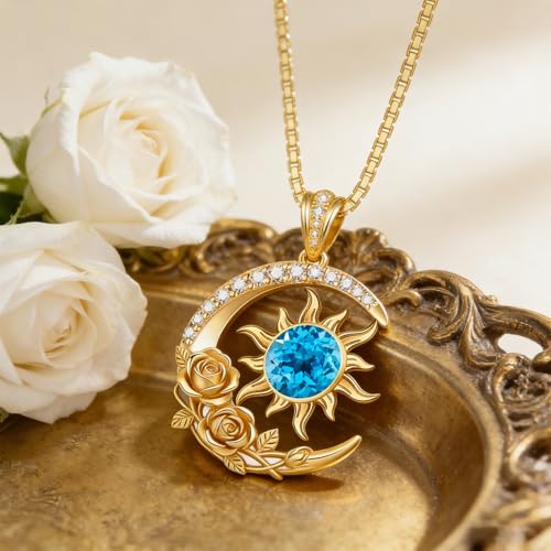 Midari 18K Yellow Gold Sun Moon Star Pendant Rose Flower Necklaces I Love You Forever Sun Moon Jewelry Gift for Mother Women - color: 12-Dec-Topaz, style: Sun&Moon