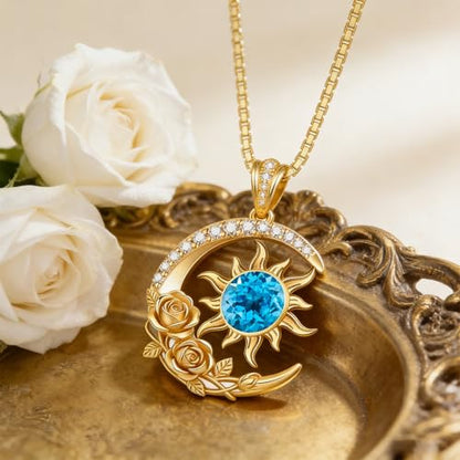Midari 18K Yellow Gold Sun Moon Star Pendant Rose Flower Necklaces I Love You Forever Sun Moon Jewelry Gift for Mother Women - color: 12-Dec-Topaz, style: Sun&Moon