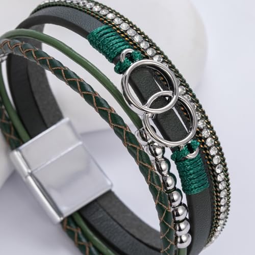 Chunky Boho Leather Wrap Bracelets Cowgirl Beaded Circle Western Jewelry | Stackable Infinity Layered Bohemian Magnetic Clasp Cuff Statement Fashion Colorful Country Hippie Outfits for Women Trendy - color: Olive Green