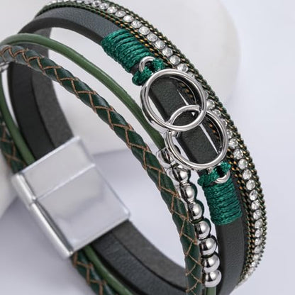 Chunky Boho Leather Wrap Bracelets Cowgirl Beaded Circle Western Jewelry | Stackable Infinity Layered Bohemian Magnetic Clasp Cuff Statement Fashion Colorful Country Hippie Outfits for Women Trendy - color: Olive Green