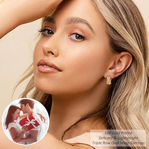 2 Pairs Gold/Silver Hoop Earrings For Women Set Trendy,14K Plated Gold Chunky Huggie Hoop Earings Pack,Oval Twisted Statement Silver Hoops,Fashion Jewelry Gift - color: 15) triple hoop