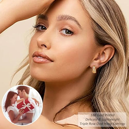 2 Pairs Gold/Silver Hoop Earrings For Women Set Trendy,14K Plated Gold Chunky Huggie Hoop Earings Pack,Oval Twisted Statement Silver Hoops,Fashion Jewelry Gift - color: 15) triple hoop
