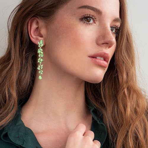 Crysdue Clip On Earrings for Women Rhinestone Crystal Teardrop Cluster Wedding Bridal Non Pierced Long Dangle Earring for Prom Party - color: Light Green Silver-Tone