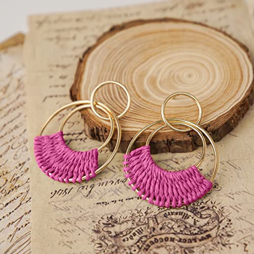 Raffia Hoop Earrings for Women Fun Boho Summer Beach Earrings Lightweight Handmade Straw Wicker Rattan Dangle Earrings Statement Geometric Round Drop Earrings - color: Hot Pink - Round